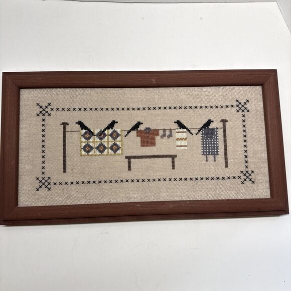 Other - Crows On Clothesline Framed Cross Stitch Completed 16”x8.5” Framed Art